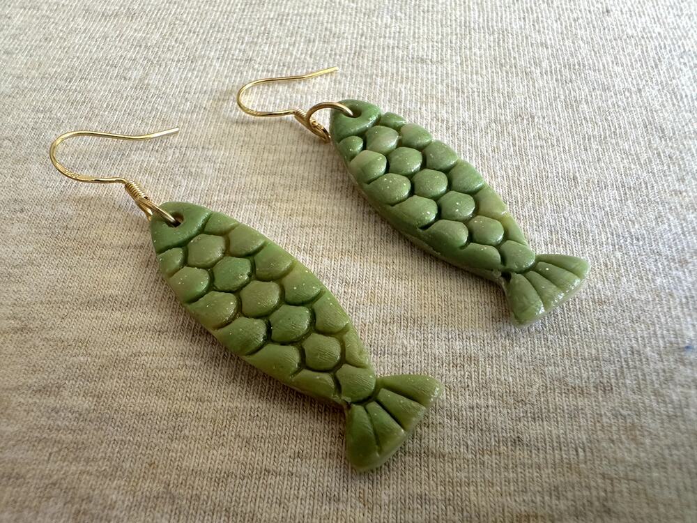 Handmade Green Fish Polymer Clay Earrings